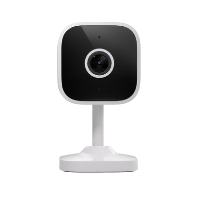 Smart home security camera with a sleek design and 1080p HD video capabilities for real-time monitoring.